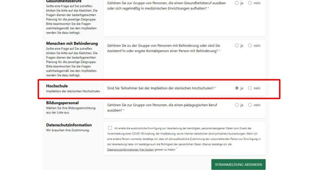 Anmeldung zur Impfaktion der steirischen Hochschulen