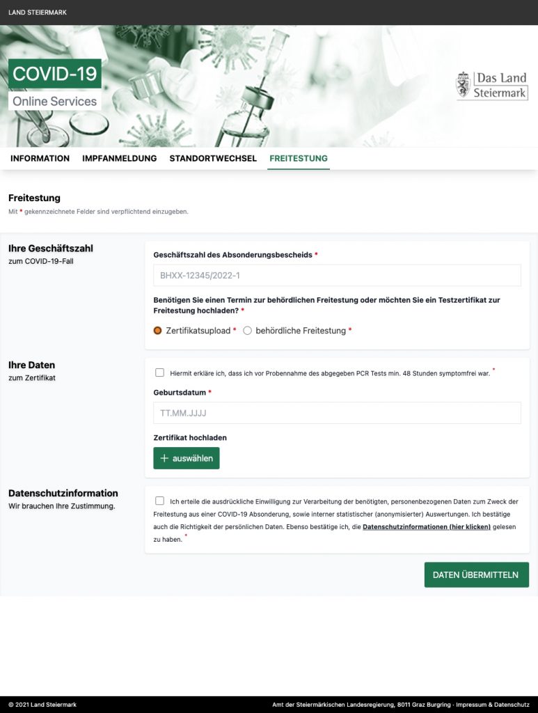 Webseite Freitestung Steiermark