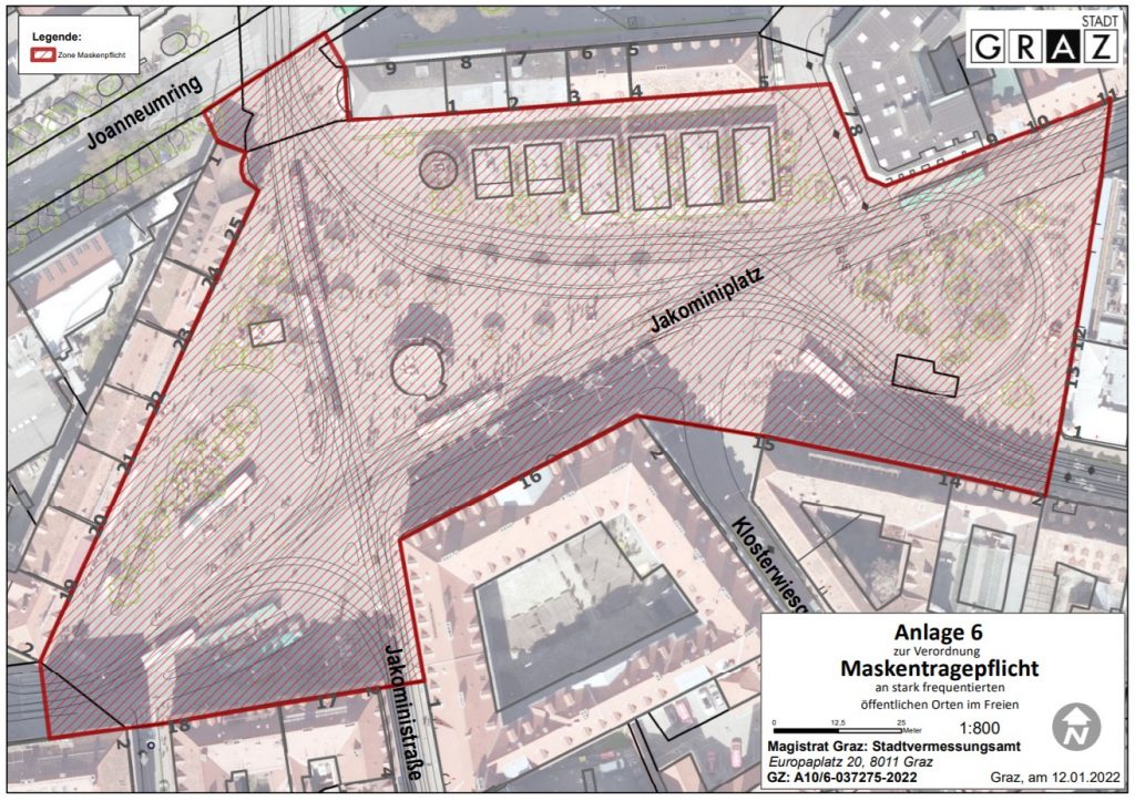 Plan der Maskenpflicht am Jakominiplatz