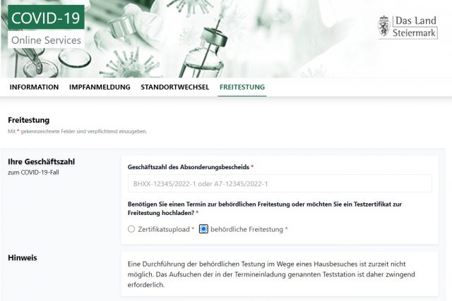 Behördliche Freitestung Steiermark