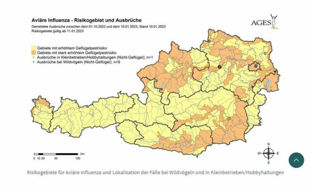 Ausbreitung Geflügelpest in Österreich Anfang 2023
